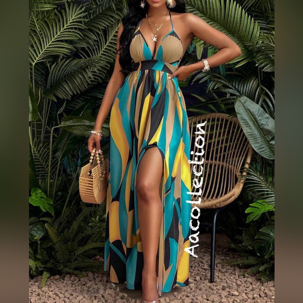 Boho Abstract Print Double Slit Backless Open Back Maxi Dress - Picture 4 of 6